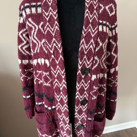 J. Jill Sweaters - J. Jill Burgundy Aztec Long Cardigan Coatigan Oversized Buttons Small